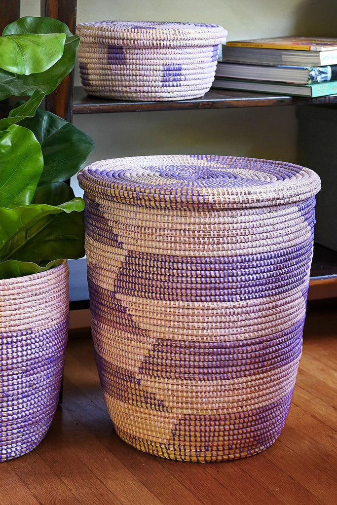 Lavender / Purple Herringbone Flat Lid Hamper Basket- Fair Trade from Senegal