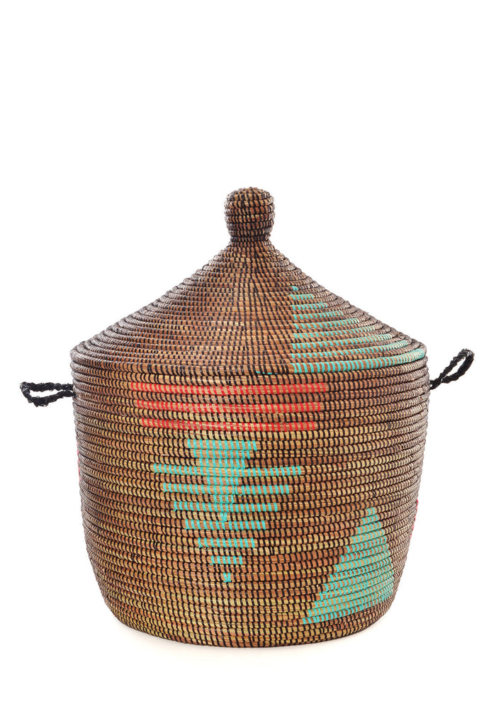 Handwoven, Brown, Red and Aqua Tribal Design Storage Basket, Fair Trade, Senegal