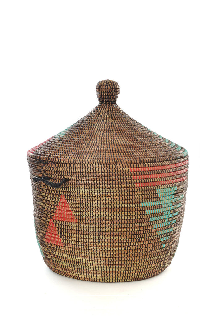 Handwoven, Brown, Red and Aqua Tribal Design Storage Basket, Fair Trade, Senegal