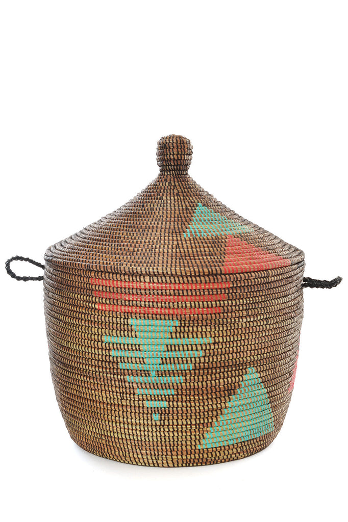 Handwoven, Brown, Red and Aqua Tribal Design Storage Basket, Fair Trade, Senegal