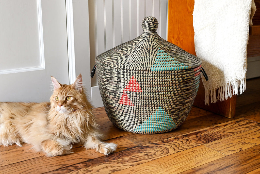 Handwoven, Brown, Red and Aqua Tribal Design Storage Basket, Fair Trade, Senegal