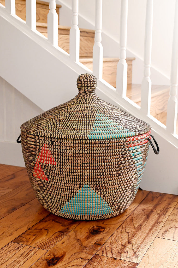 Handwoven, Brown, Red and Aqua Tribal Design Storage Basket, Fair Trade, Senegal