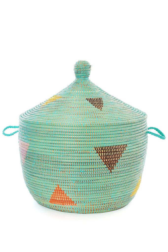 Handwoven Aqua Triangles Storage Basket, Fair Trade, Senegal