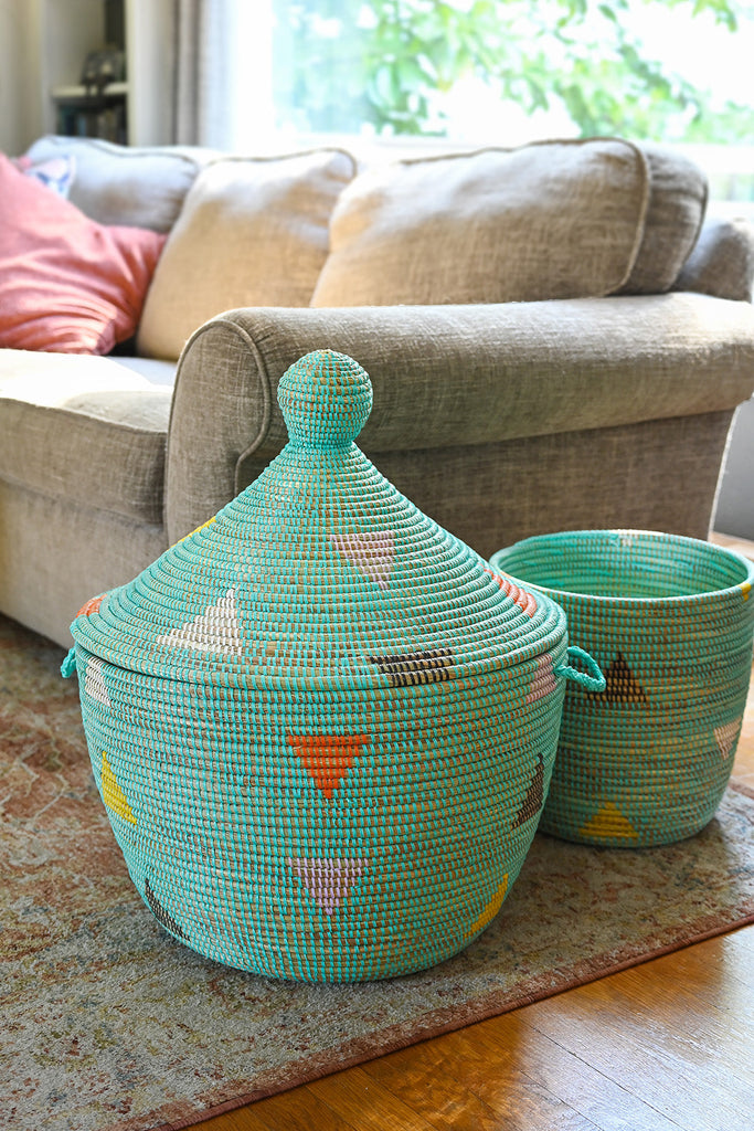 Handwoven Aqua Triangles Storage Basket, Fair Trade, Senegal