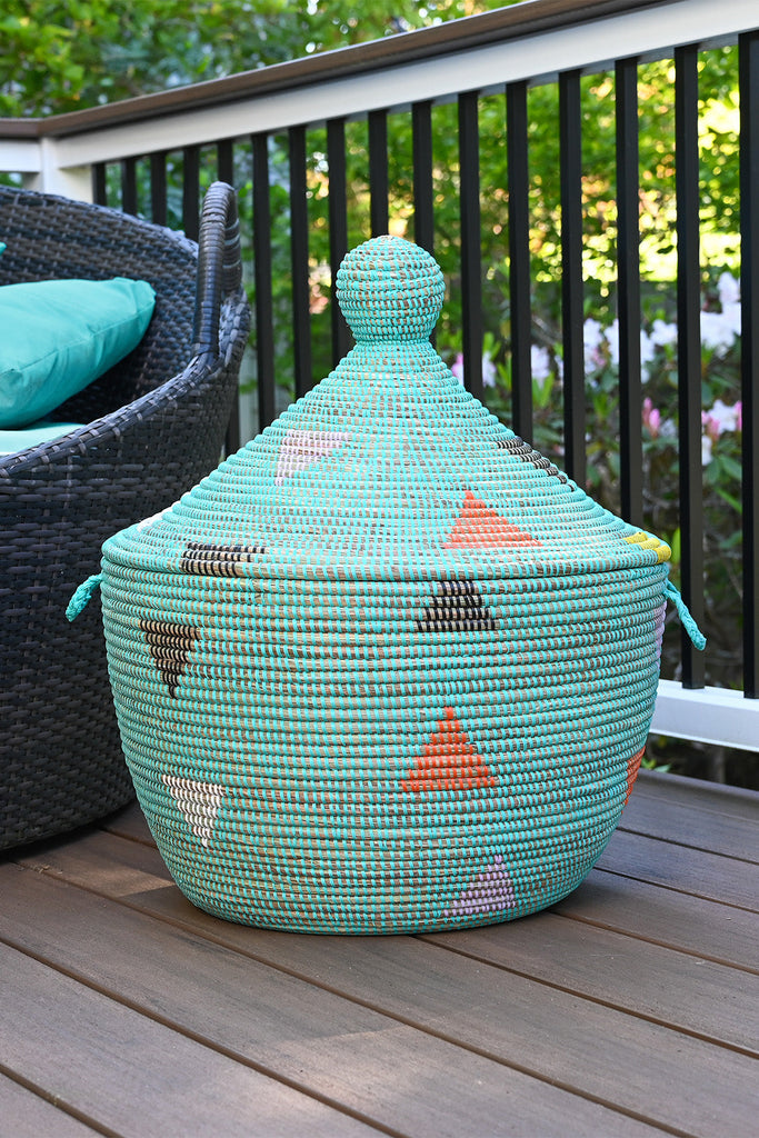 Handwoven Aqua Triangles Storage Basket, Fair Trade, Senegal