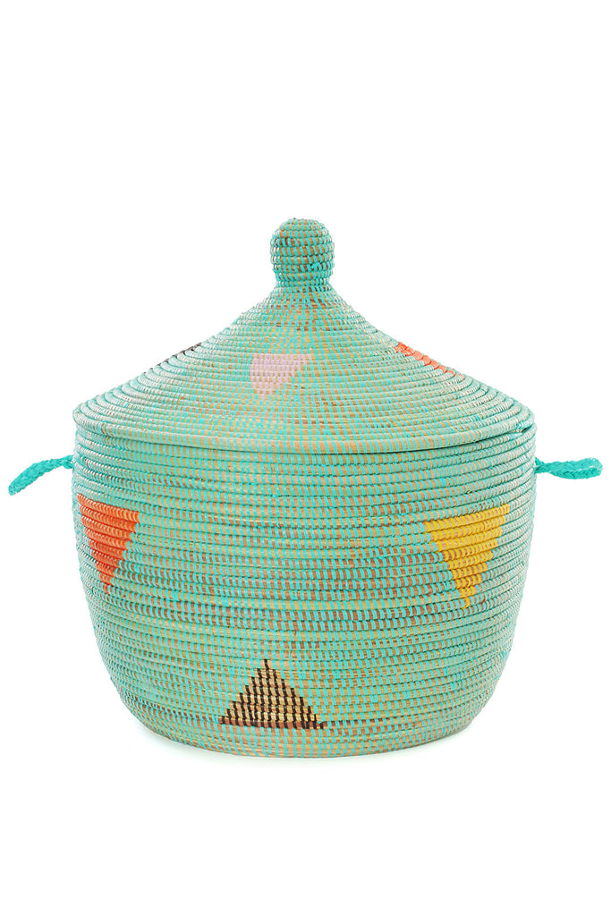 Handwoven Aqua Triangles Storage Basket, Fair Trade, Senegal