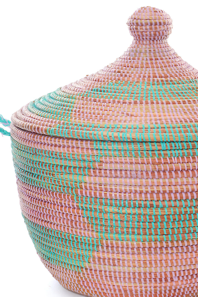 Handwoven Aqua & Pink Herringbone Tribal Basket, Fair Trade, Senegal