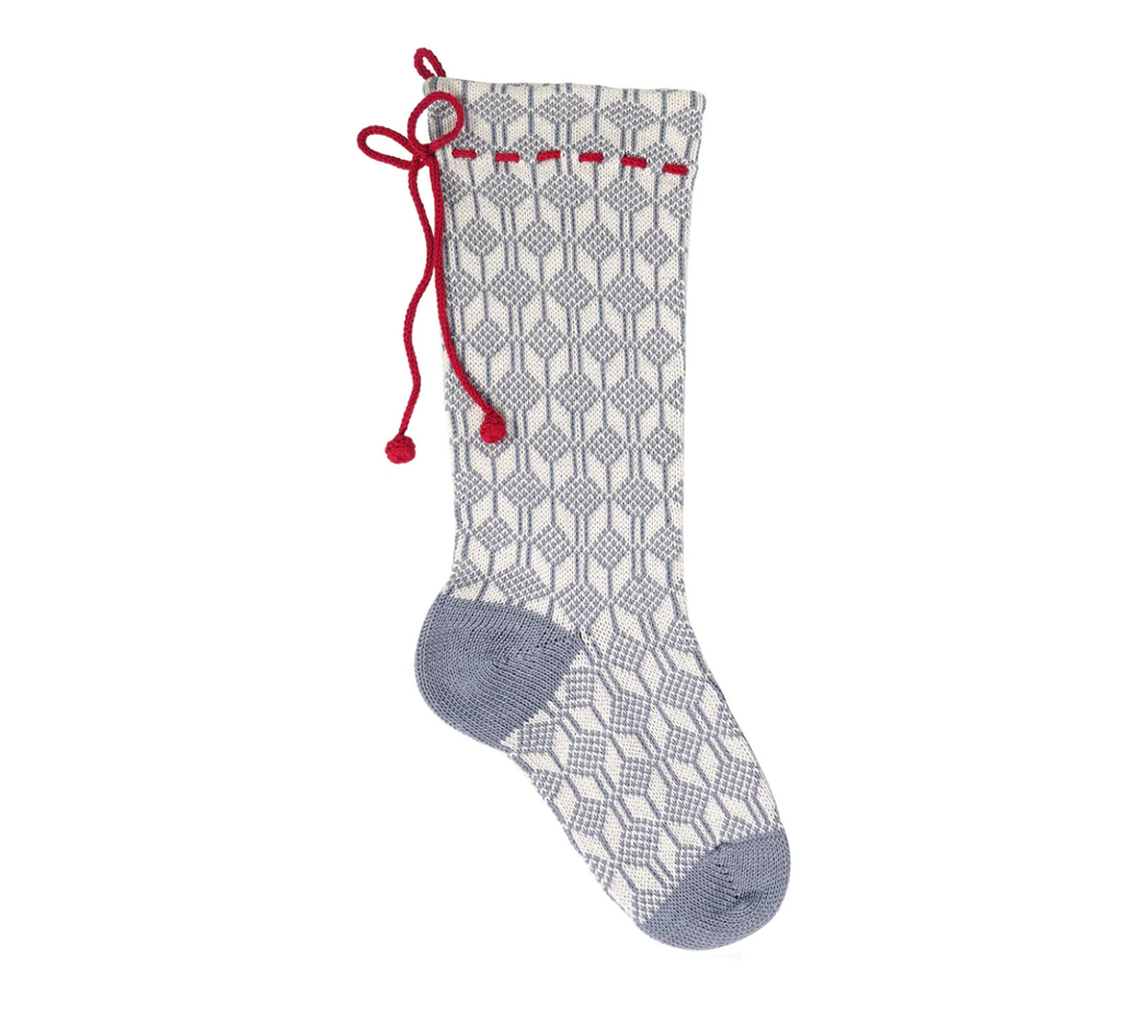 Hand Knit Grey Pattern Christmas Stocking, Red Tie, Fair Trade, Armenia