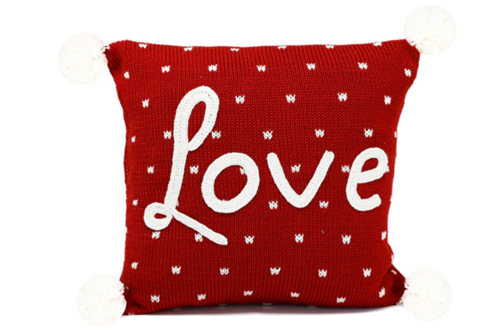 10" Red Love Pillow, with White Poms, Handmade, Fair Trade