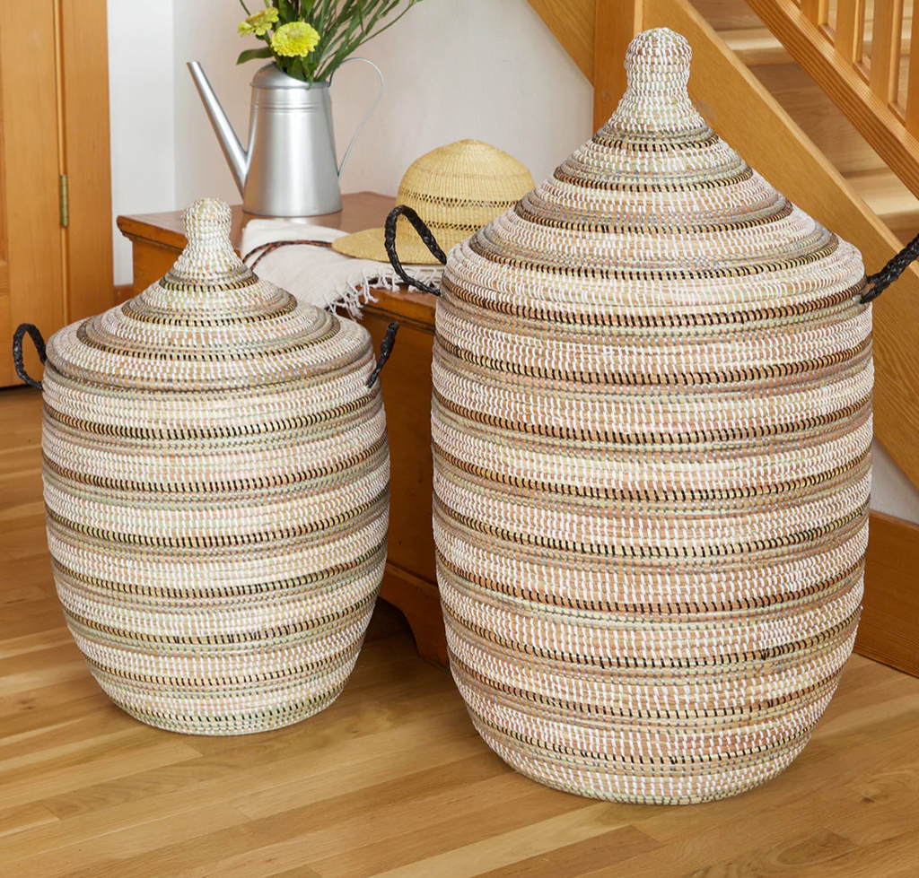 Handwoven, Medium Brown Striped Laundry Hamper Basket, Fair Trade