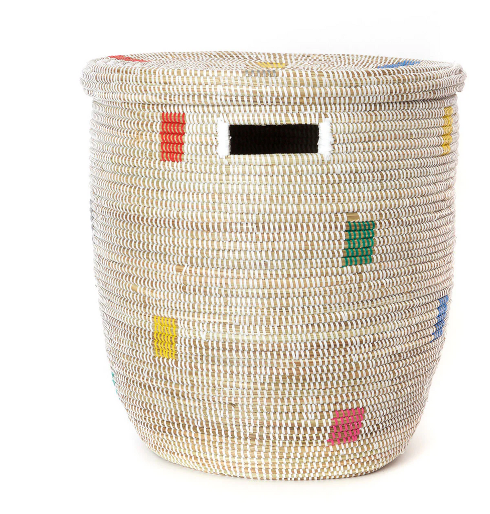 Handwoven White & Multi-Color Pixel Hamper Laundry Storage Basket, Fair Trade