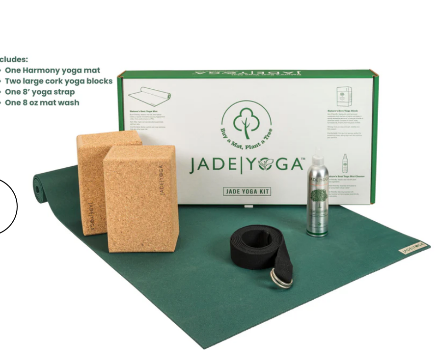 Eco- Friendly Yoga Mat Kit Includes: 1- Yoga Mat, 2- Cork Blocks, 1 Strap, 1 Mat Wash, Non-toxic, plants a tree & gives to causes!