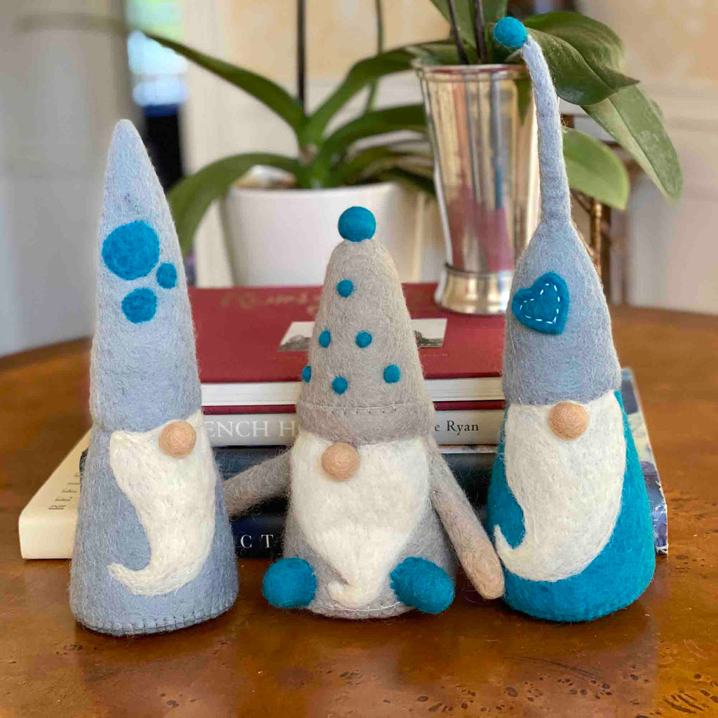 Handmade Set of 3 Winter Blues Felt Gnomes, Fair Trade, Nepal