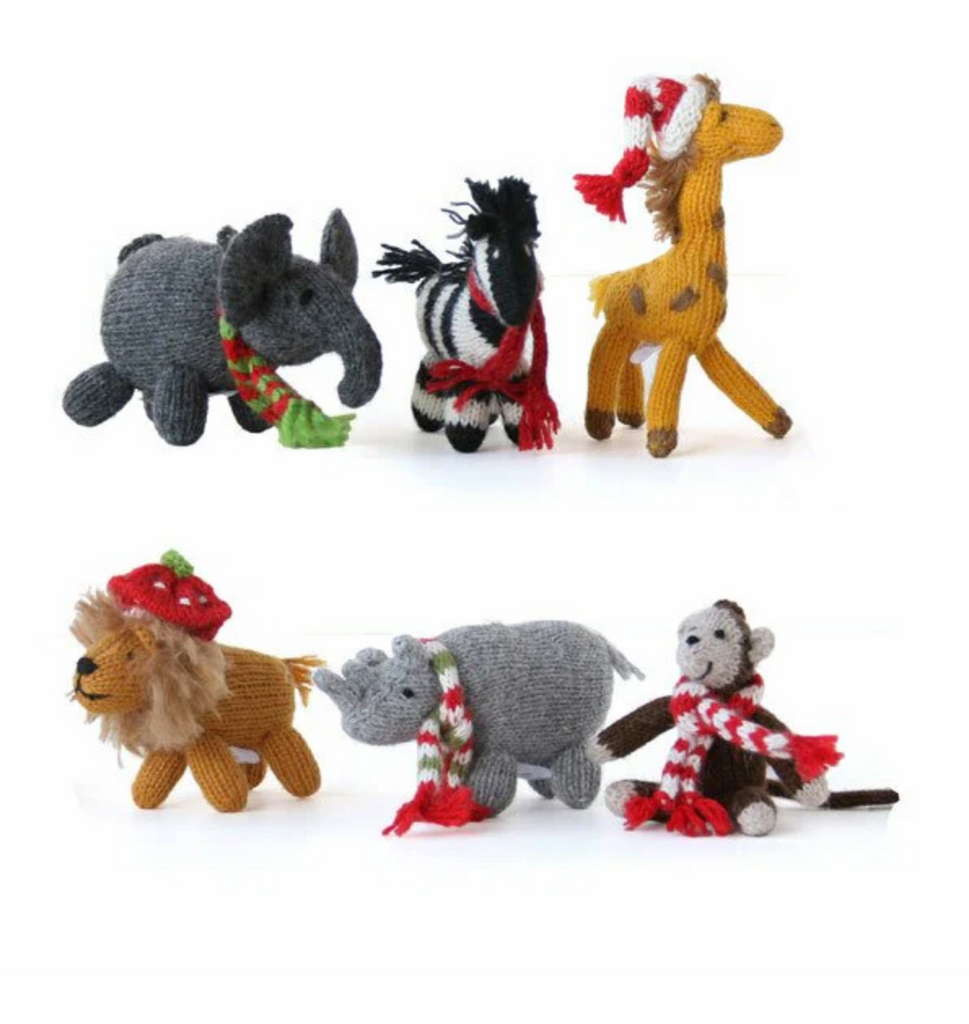 Set Of 6 Hand Knit African Animal Christmas Ornaments, Fair Trade