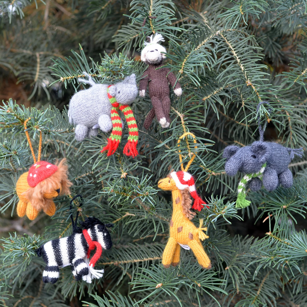 Set Of 6 Hand Knit African Animal Christmas Ornaments, Fair Trade