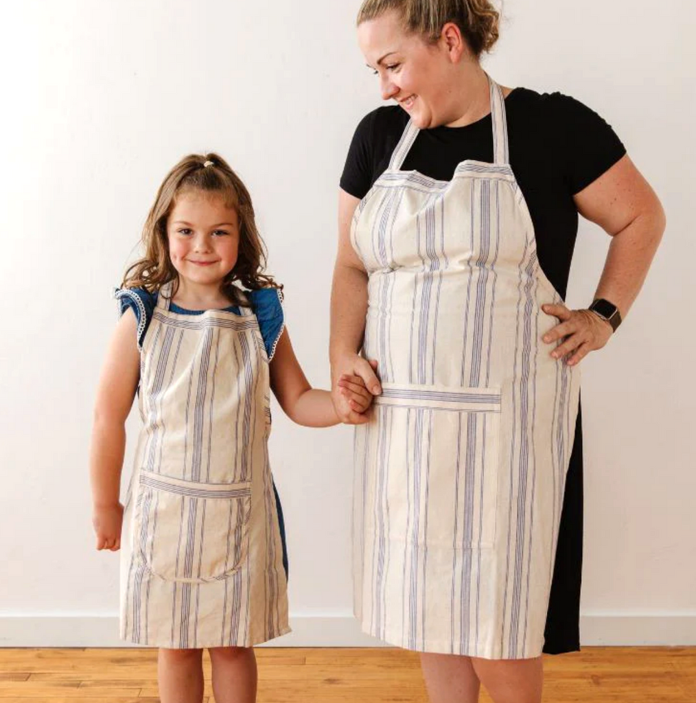 Adult and Child Handwoven, Natural Cotton Striped Apron, Fair Trade, Bangladesh