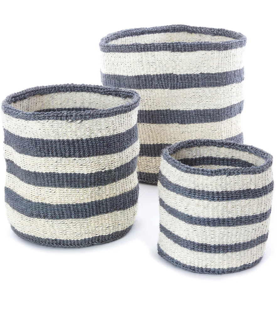 3 Handwoven Grey & Cream  Striped Twill Sisal Nesting Baskets, Kenya, Fair Trade