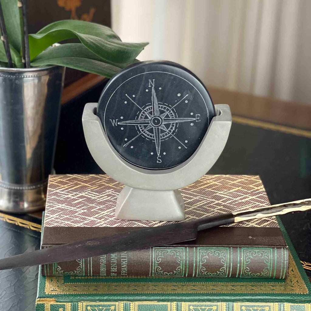 Compass Soapstone Sculpture, Dark Gray Stone