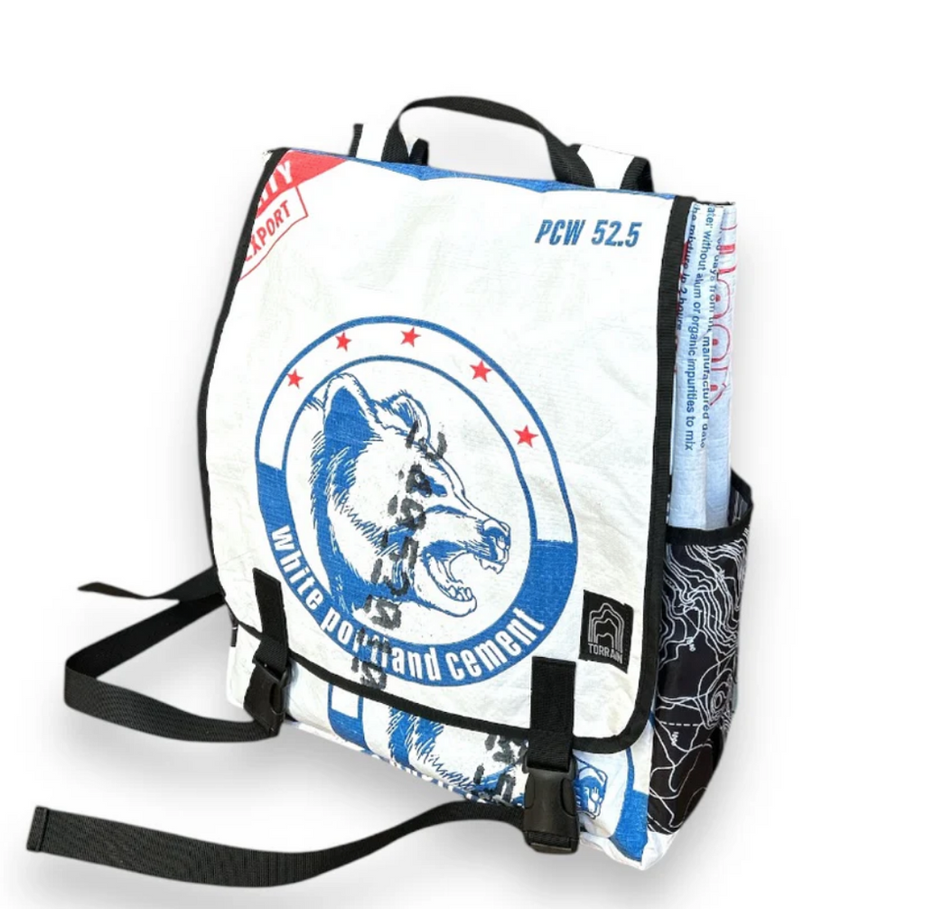 Square upcycled Backpack made from Feed Bags- Sustainable, Saves landfills