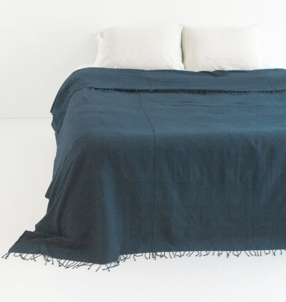 Hand Woven Ethiopian Cotton Lightweight Queen Blanket, Navy,- Eco-Friendly, Fair Trade
