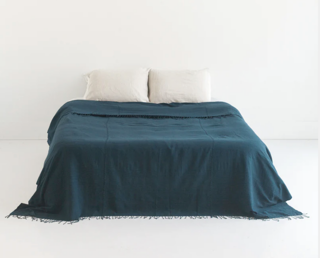 Hand Woven Ethiopian Cotton Lightweight Queen Blanket, Navy,- Eco-Friendly, Fair Trade