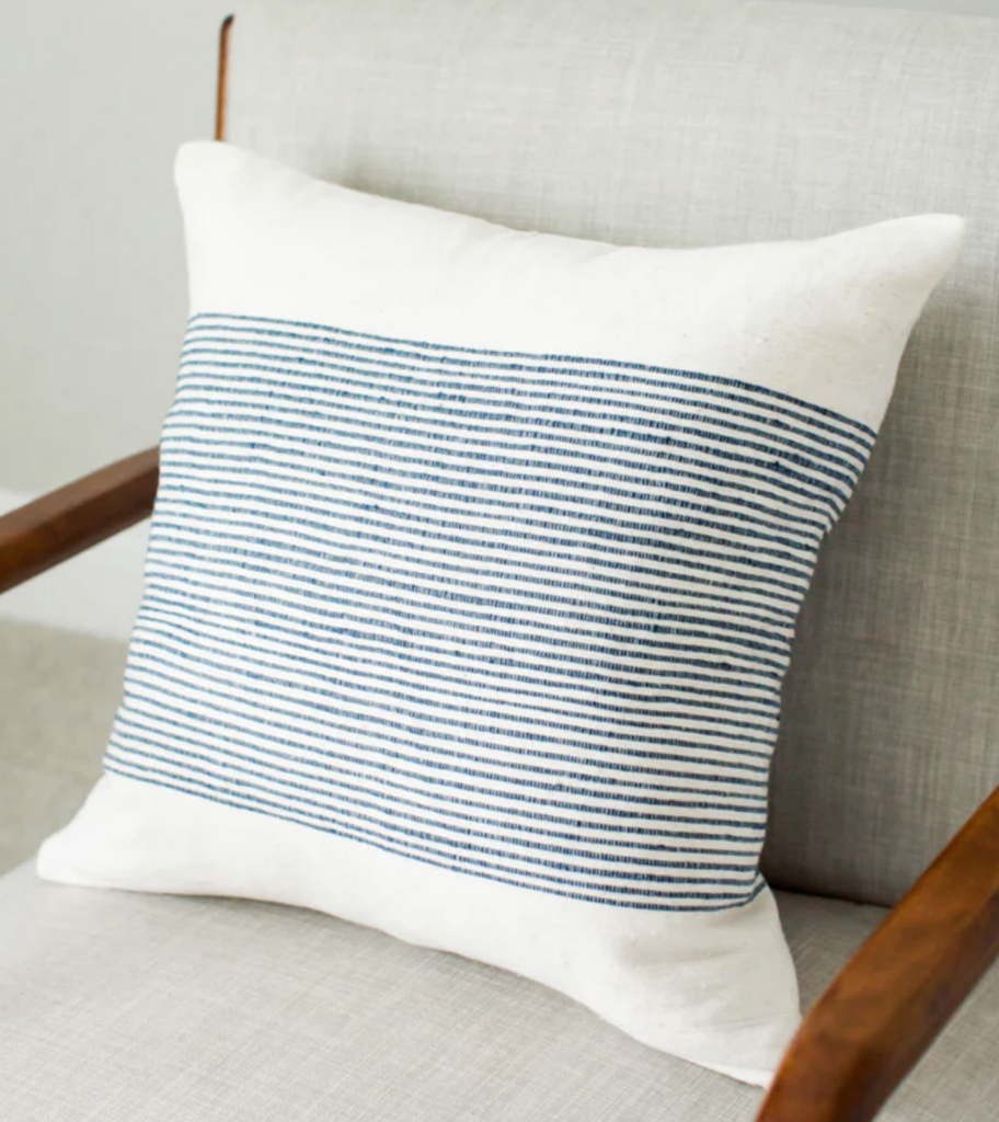 20" Hand Woven, Grey, White & Navy Throw Pillow, Ethiopian Cotton, Fair Trade