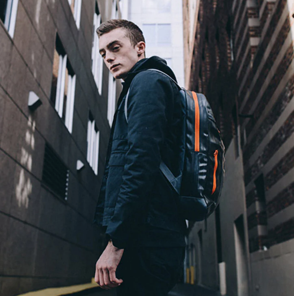 Upcycled Bicycle Tire Backpack, Laptop Sleeve, Made in the USA, Water Resistant and Sustainable