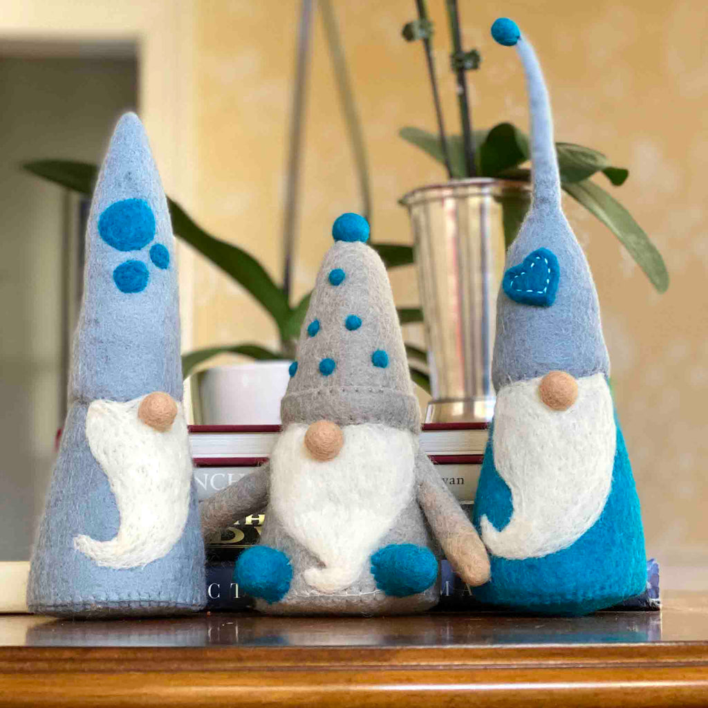 Handmade Set of 3 Winter Blues Felt Gnomes, Fair Trade, Nepal