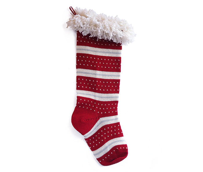 Hand Knit Red and White Striped Christmas Fluffy Cuff Stocking, Fair trade from Armenia