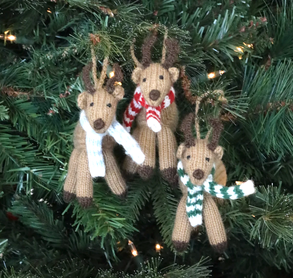 Set of 3 Hand Knit Reindeer Ornaments with Scarfs, Fair Trade from Peru