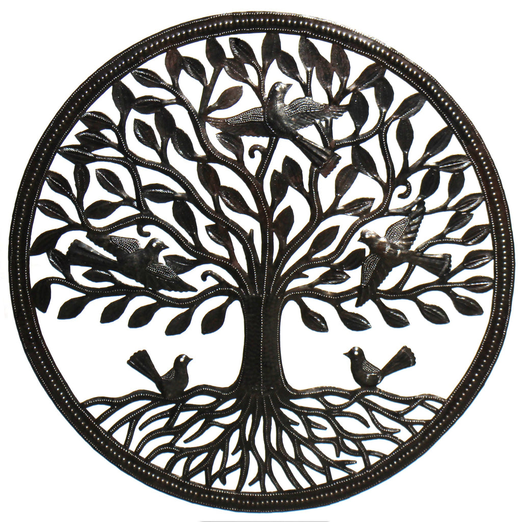 23" Tree of Life Metal Wall Art with Birds, made from steel Drums, Fair Trade, Haiti