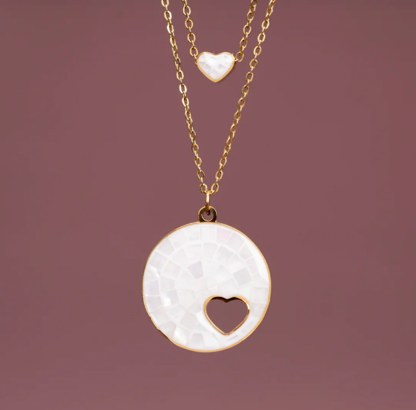 Mother of Pearl & Gold Cut-out Double Heart Necklace - Give Hope and Freedom to Women!