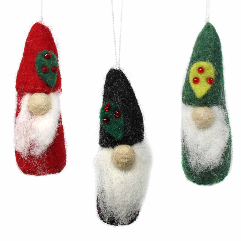 Set of 3- Handmade Christmas Gnome Felt Ornaments, Fair Trade, Nepal