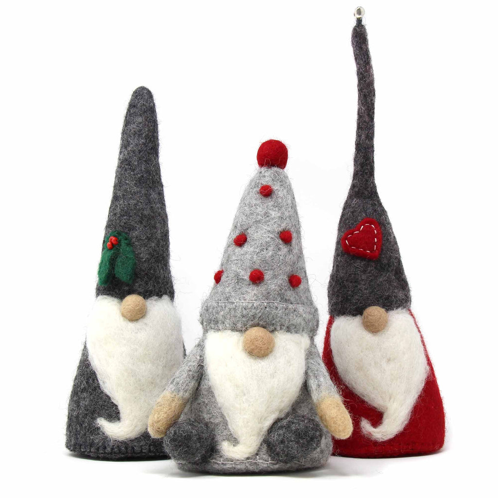 Handcrafted Felt Holiday Winter Gnomes, Set of 3, Fair Trade, Nepal