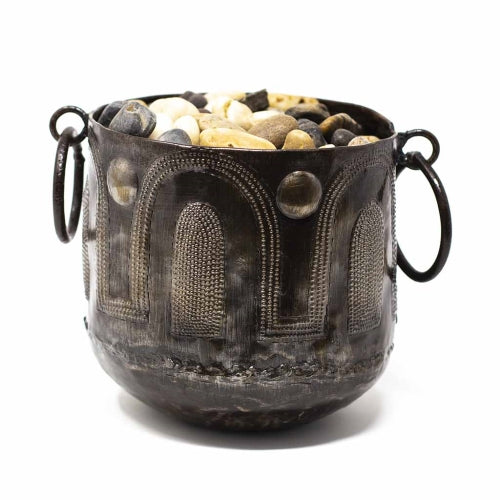 Handmade Hammered Metal Container Pot with Round Handles, Fair Trade from Haiti