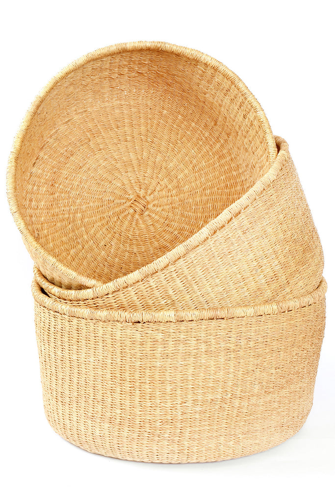 Set of Three Natural Woven Grass Floor Storage Baskets, Fair Trade, Ghana