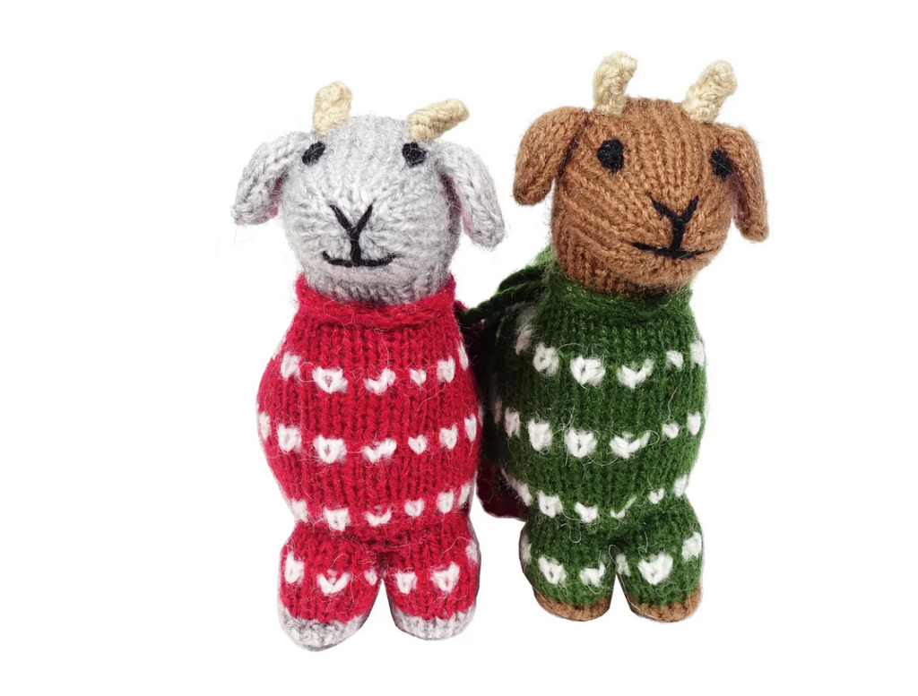 Set of 2 Hand Knit Baby Goat Ornaments dressed for Christmas, Fair Trade from Peru