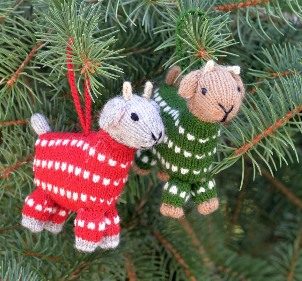 Set of 2 Hand Knit Baby Goat Ornaments dressed for Christmas, Fair Trade from Peru