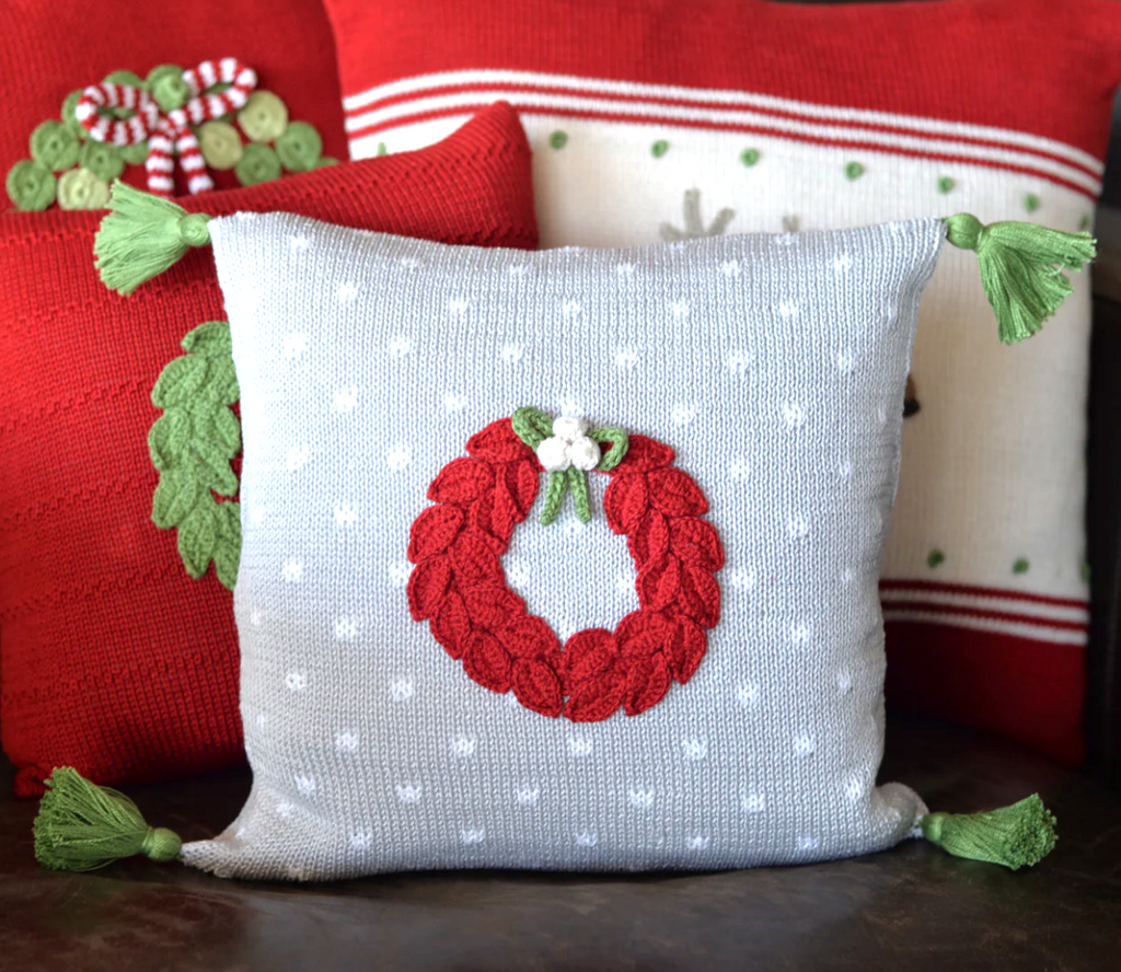 Hand Knit Christmas Grey Pillow with Red Wreath, Fair Trade from Armenia