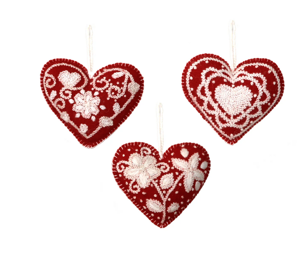 Set of 3 Handmade Wool Heart Ornaments, Fair Trade from Peru
