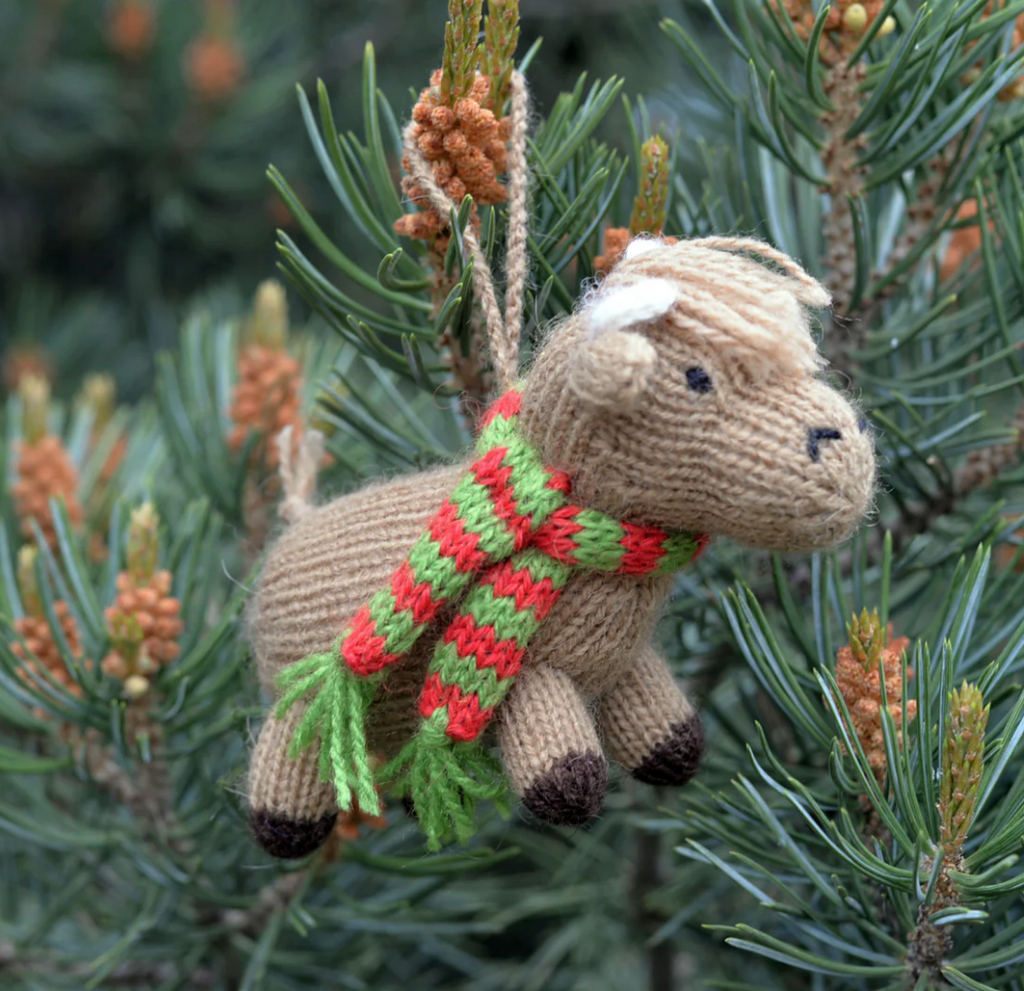 Hand-Knit set of 3 Highland Cow Ornaments, Fair Trade from Peru