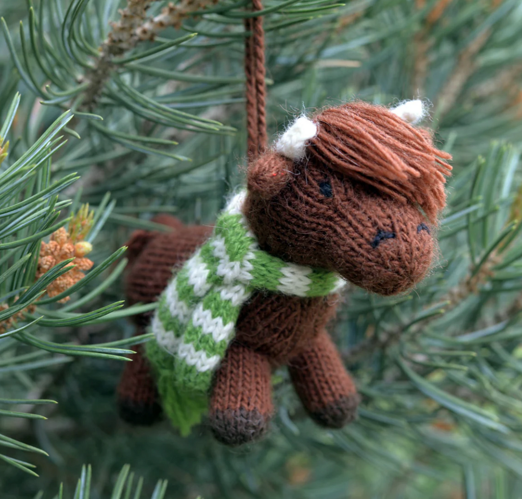 Hand-Knit set of 3 Highland Cow Ornaments, Fair Trade from Peru