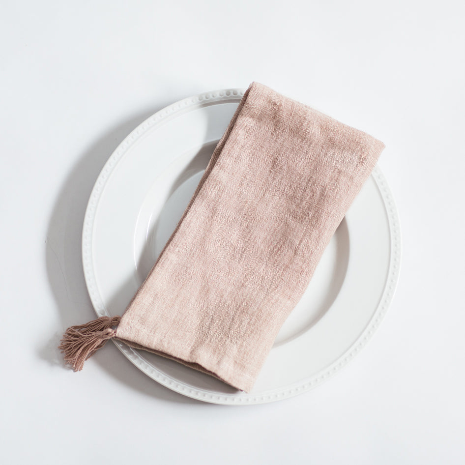 Blush, Stone Washed Linen Tasseled Cloth Napkins, Fair Trade, Eco Friendly