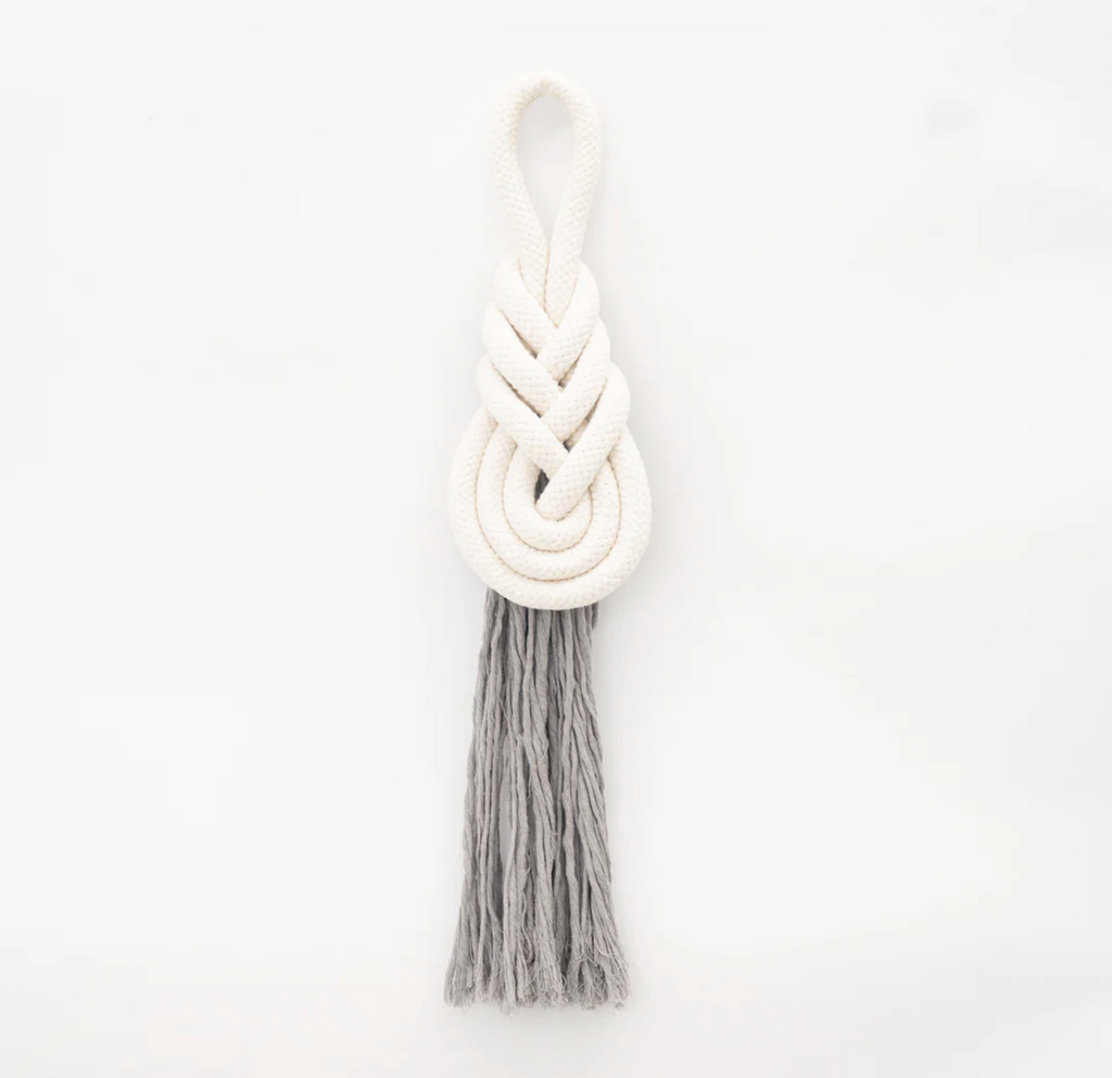 Medium 11" x 4.5" Handmade White Knot Rope, Grey Tassel Wall Hanging, Fair trade, Gives Freedom to Women