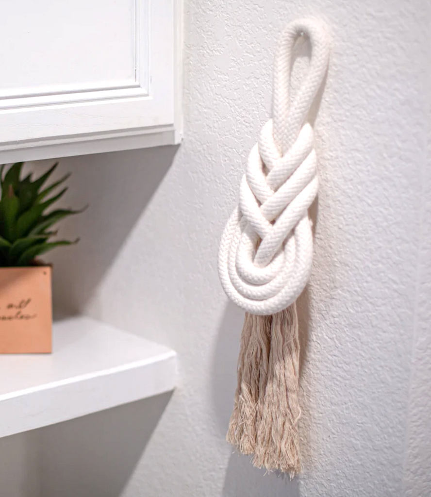 Medium 11" x 4.5" Handmade White Knot Rope Wall Hanging, Fair trade, Gives Freedom to Women