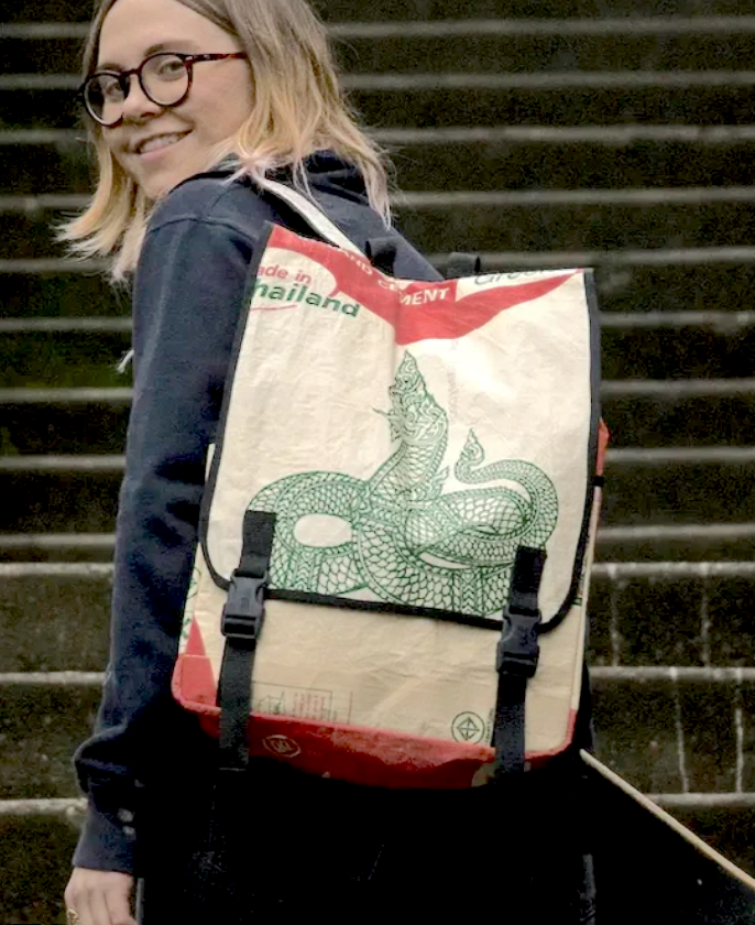Square upcycled Backpack made from Feed Bags- Sustainable, Saves landfills