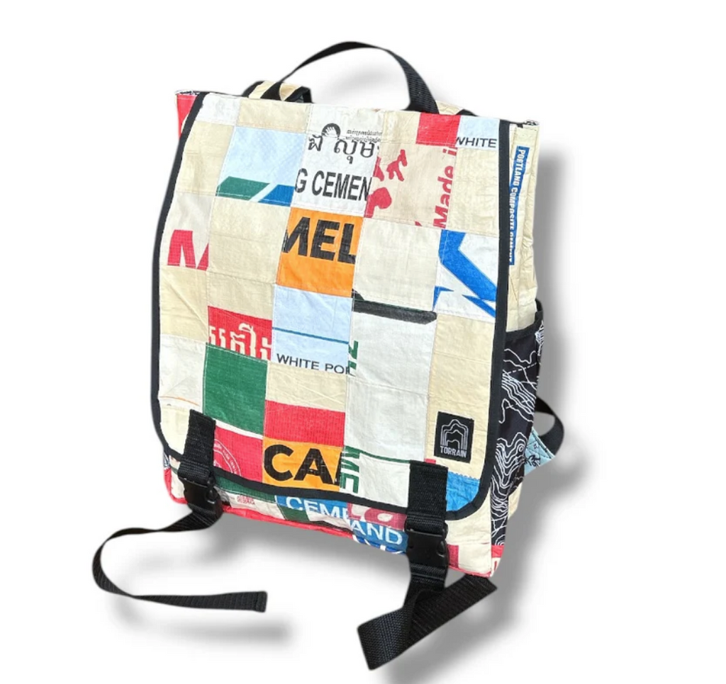 Square upcycled Backpack made from Feed Bags- Sustainable, Saves landfills