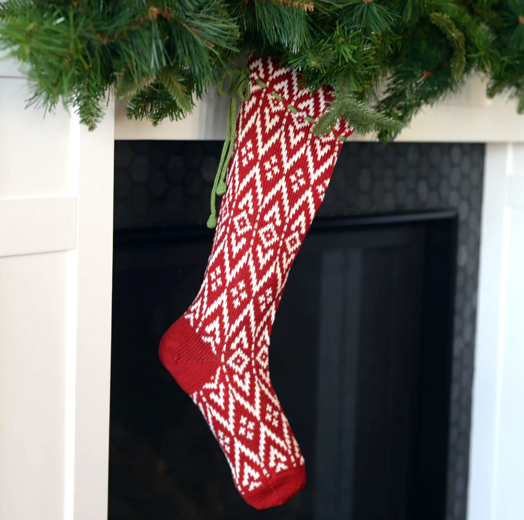 Hand-Knit 18" Red Geometric Christmas Stocking, Fair Trade from Armenia
