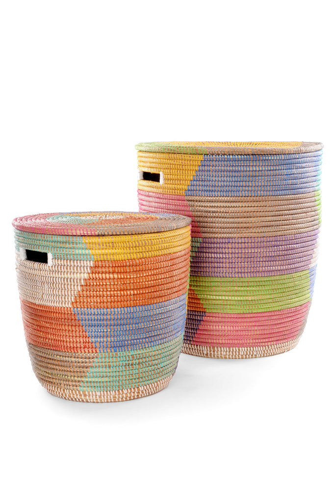 Set of Two Handwoven Rainbow Herringbone Hamper Baskets, Fair Trade, Senegal