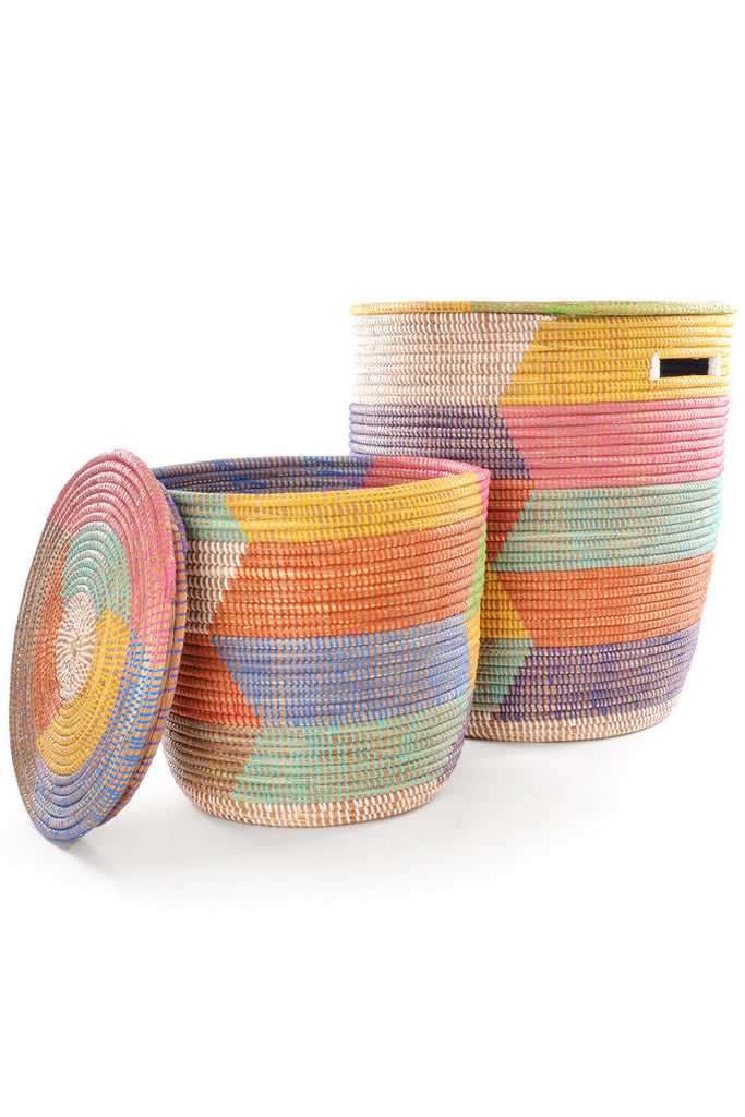 Set of Two Handwoven Rainbow Herringbone Hamper Baskets, Fair Trade, Senegal